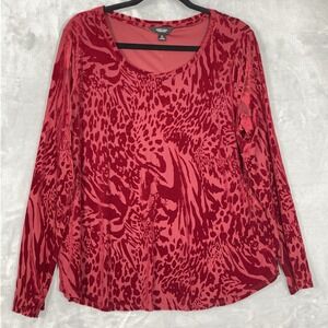 Vera Wang Velvet Burnout Top Womens XL Red‎ Animal Print Long Sleeve Valentines